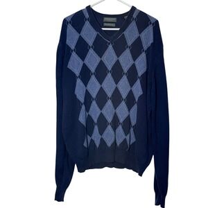 Lyle & Scott‎ Men's Blue Argyle V-Neck Cotton Sweater Size Large Preppy Academia